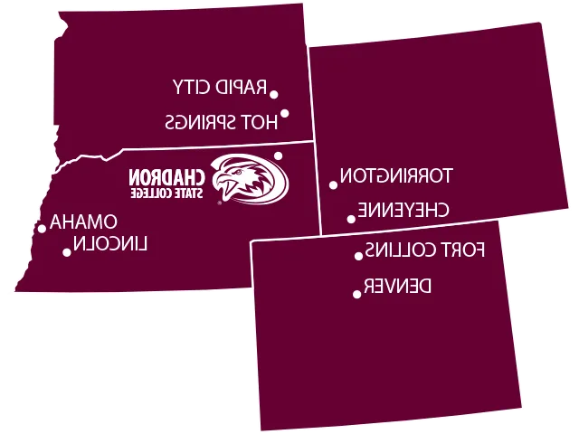 Nebraska, 南达科塔州, Wyoming, and Colorado state outlines with Chadron marked